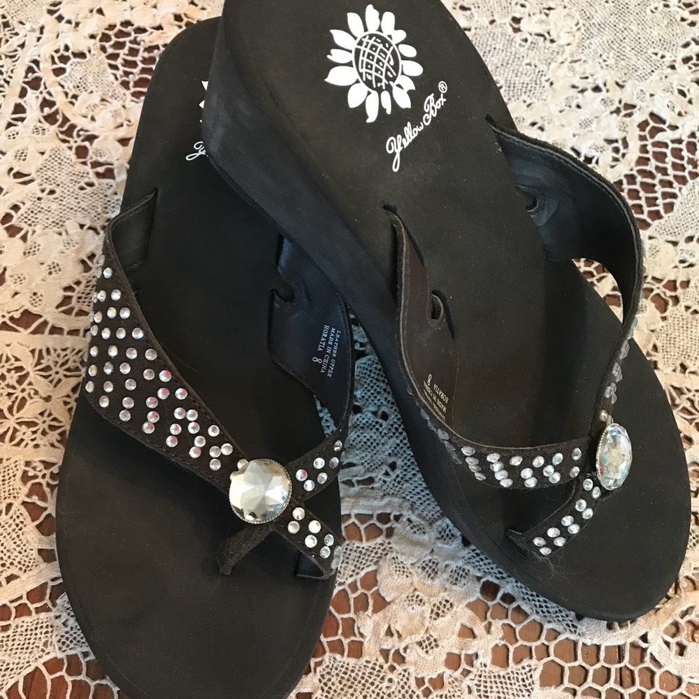 Yellow Box Sandals; Wedge Heel and Rhinestones